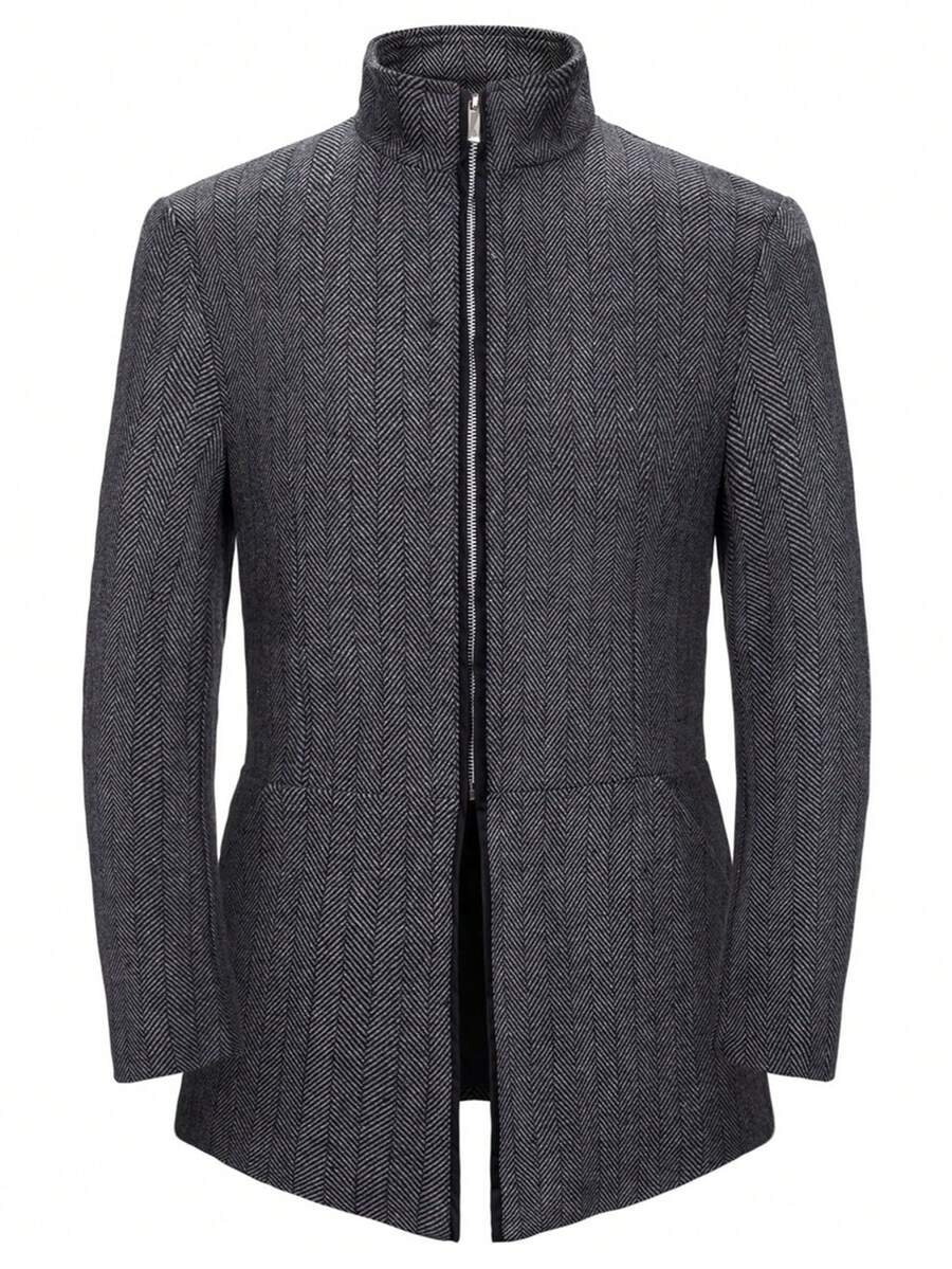 Men's Mandarin Collar Versatile Tweed Jacket, Windbreaker Coat For Young Adults