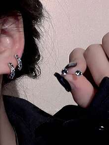 2 对时尚简约优雅奢华小巧铜方晶锆石耳环套装女士 - 黑色 - 查看 2