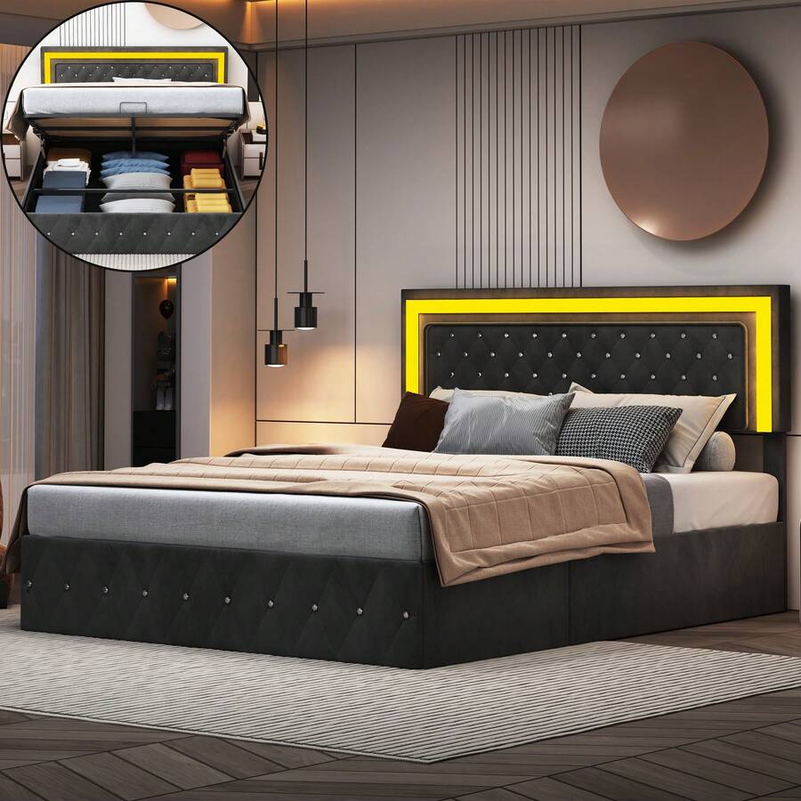 Letto contenitore 160*200cm con box letto, letto imbottito idraulico con illuminazione a LED, struttura letto matrimoniale con testiera regolabile in altezza e rete a doghe, letto boxspring, letto per ragazzi, tessuto in velluto delicato sulla pelle, (Beige/Nero)