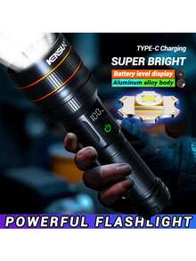 1pc Upgraded High-Power Spotlight LED Flashlight, Rechargeable Type, Adjustable Zoom Focus, Super Bright Tactical Flashlight, Waterproof, 6 Lighting Modes With Memory Function, Suitable For Outdoor Emergency, Camping Equipment, Camping Essentials - As Shown In the Figure - View 2