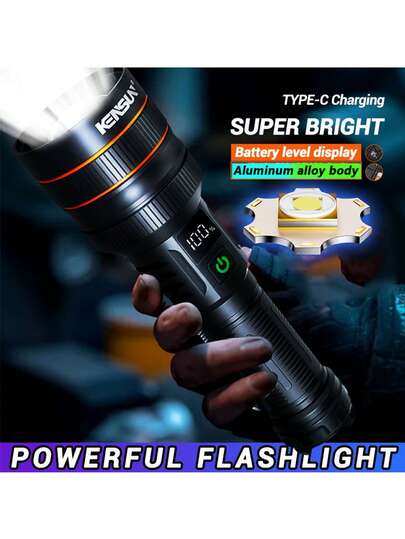 1pc Upgraded High-Power Spotlight LED Flashlight, Rechargeable Type, Adjustable Zoom Focus, Super Bright Tactical Flashlight, Waterproof, 6 Lighting Modes With Memory Function, Suitable For Outdoor Emergency, Camping Equipment, Camping Essentials