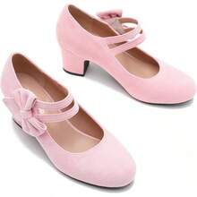 Enelauge Women's Mary Jane Heels With Bow Retro Closed Round Toe Pumps Sweet Ankle Strap Low Block Heels Chic Bowtie Vintage Dress Wedding Party Office Daily ShoesChristmas - 粉紅色絨面革 - 查看 4