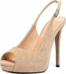 Women's Peep Toe High Heel Slingback Pumps Platform Stiletto Heel Party Dress Shoeshalloween - Da lộn màu be - Xem 1