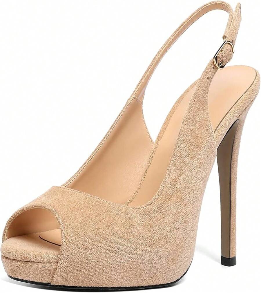 Women's Peep Toe High Heel Slingback Pumps Platform Stiletto Heel Party Dress Shoeshalloween - Da lộn màu be - Xem 1