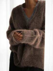 Plus Size Women's Solid Color Drop Shoulder Long Sleeve Single-Breasted Casual Cardigan, Elegant & Graceful Faux Fur Sweater, Coffee Color