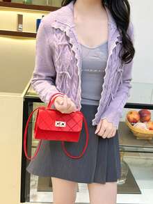 Women's Fashion Minimalist Rhombus Mini Square Bag, Embossed PU Leather With Metal Clasp - Crossbody/Handbag For Daily Use - Red - View 11