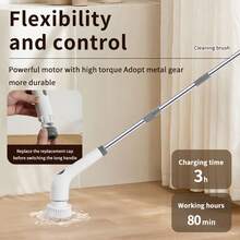 Rechargeable Rotating Cleaning Brush, Wireless Electric Bath And Kitchen Tile Cleaning Brush With LED Display, 2 Speed Modes, 7 Replaceable Cleaning Heads, Adjustable And Detachable Long Handle, 2000mAh Battery Capacity - Multicolor - View 7