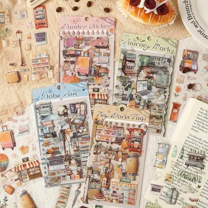 4 pezzi Adesivi decorativi in materiale PVC retrò con stampa a trasferimento, serie casa della vita, collage, forniture per journal d'arte e decorazione