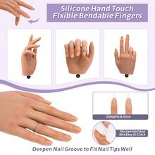 Veikmv Nail Silicone Practice Hand For Acrylic Nails Training Fake Hand Nail Art Practice Tools Hand Tattooed Nail Jewelry Showcase Supplies Manicure Beginners Suits - 杏色 - 查看 2
