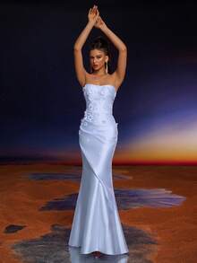 Anymoon 3D Hand Floral Ruffle Trim Mermaid Bridesmaid Dress - Blue - View 4