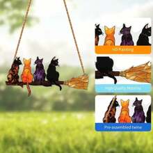 Whimsical Cat With Broom Suncatcher - Colorful Hanging Ornament For Garden Window Wall Decor, No Installation Needed