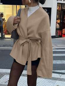 Vaiaye 女士纯色羊毛开衫外套，适合新年和感恩节穿着 - 卡其色 - 查看 8