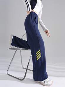 JUTU 条纹侧边拼接运动裤，藏青色和黄色条纹，高腰，抽绳设计，休闲直筒裤型，百搭美式风格，适合春、秋、冬季穿着。 - 1A49寶藍拼黃 - 查看 5