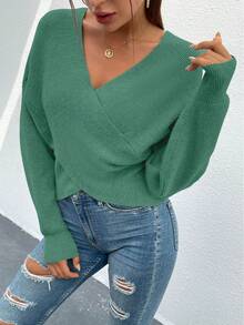 Women's Sexy Sweater V Neck Off Shoulder Long Sleeve Cross Wrapped Front Knit Sweater Fall Autumn Winter Street Party Club Night Out Valentine Top Outfits - 軍綠色 - 查看 3