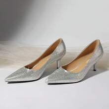 Women's Pumps Pointed Closed Toe Low Heels Dress Shoes For Work Business Office Wedding Casual 2.3 Inch-20256688 - 銀色水鑽 - 查看 6