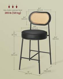 VASAGLE Bar Stools Set Of 2, Bar Height Stools With Rattan Back And Metal Legs, 25.1-Inch Tall Counter Chairs, Modern Leather Upholstered Barstools For Kitchen Island Dining Room - 黑色 - 查看 5