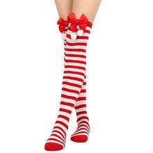 A Pair Of Green And White Striped Bow Strawberry-Themed Over-The-Knee Socks For Women