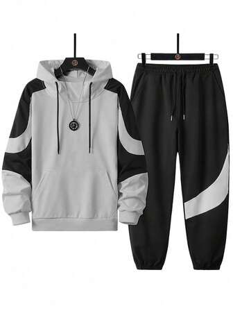 男士休闲百搭撞色拼接连帽卫衣裤套装，秋季服装