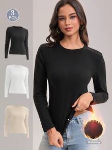 3pcs Women's Solid Color Small Round Neck Fleece Autumn And Winter Warm Base Shirt, High Elasticity Warm Underwear, Warm Top, Warm Long-Sleeved T-Shirt, Comfortable, Skin-Friendly, Simple And Seamless, Slim-Fitting And Versatile Slim-Fitting Top, Multi-Piece Combination Set - Multicolor - View 1