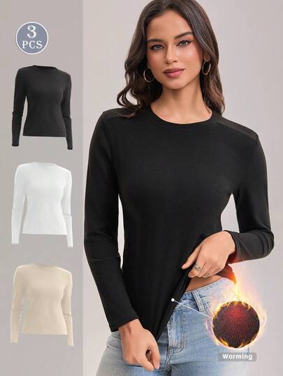 3件套女纯色小圆领抓绒秋冬保暖打底衫高弹力保暖内衣保暖上衣保暖长袖T恤舒适亲肤简约无缝修身百搭修身上衣多件组合套装