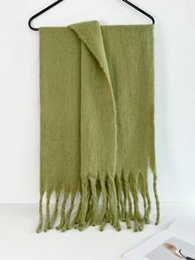 1pc Women's Fluffy Long Winter Scarf, Warm Neck Wrap, Black Oversized Thick Fringed Shawl/Blanket Scarf, Thick Knitted Fringed Shawl, Red Scarf, Solid Color Scarf - HM05-bean Paste Green - View 5