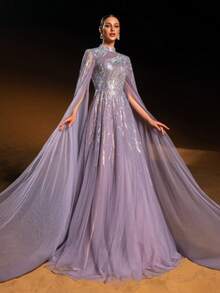 Faeriesty Haute Glamour Gorgeous Sheer Tulle Evening Gown With Cape Sleeves, Intricate Sparkly Beaded & Sequin Linear Geometric Patterns, Fitted Waist & A-Line Skirt | Glamorous Formal Design | Perfect For Red-Carpet Events, Wedding Guest Attire, Proms, And Upscale Evening Parties For Women