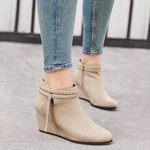 Womens Wedge Ankle Boots Braided Fringe Strap Western Heeled Fall Booties Dress Shoes - 2-米色(仿麂皮) - 查看 2