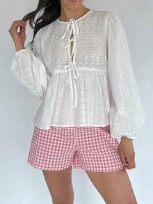 Lace Embroidery Patterns Babydoll Tops For Women Y2k Lantern Sleeve Crew Neck Tie Front Eyelet Going Out Peplum Loose Cute T-Shirts Fall Dressy Blouses Streetwear RetroTrendy Outfit - 白色 - 查看 5