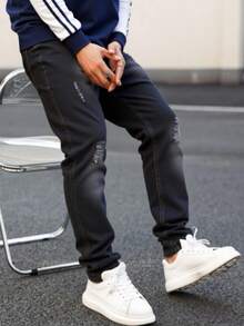 Jeans rectos rotos y ajustados casuales para hombre, estilo simple, cómodos y de moda, adecuados para viajes diarios y deportes al aire libre. - Negro - Ver 3