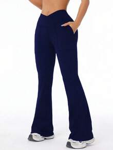 新款提臀拼接口袋瑜伽裤，修身运动紧身裤，女士打底裤 - 藏蓝色 - 查看 1