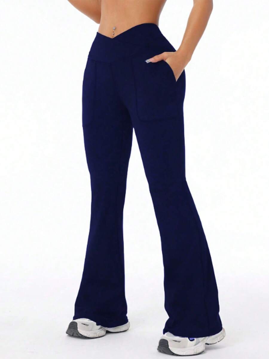 新款提臀拼接口袋瑜伽裤，修身运动紧身裤，女士打底裤 - 藏蓝色 - 查看 1