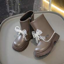 2025 Autumn New Teen Teen's Fashion Mid-Calf Leather Boots, Korean Style Bow Princess Short Boots, Teen Shoes