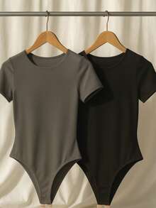Kit 2 Women's Bodysuit Short Sleeve Elegant Suplex Bodysuit Elegant Casual Look Comfortable Bodysuit Basic And Stylish Fashion Simple Casual Fabric Simple Casual Knitted - 黑色灰色 - 查看 4