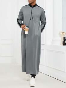 Disqoir 中东阿拉伯，现代伊斯兰男士服装，卡米斯长袍，穆斯林男士灰色长袍，时尚立领长款连帽衫 - 灰色 - 查看 5