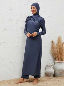 VFJ Women's Full Coverage High Waist High Stretch Burkini Elegant Round Neck Long Sleeve Modest Swimsuit - Navy Blue - View 4