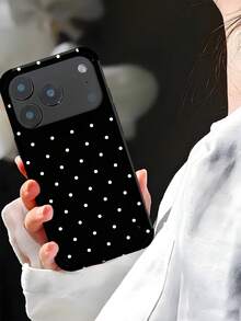 1pc Black & White Polka Dot Pattern Printed Phone Case, Fashionable French Minimalist Cute Boho Style Mini Dot Elements UV Printing Soft Leather Case Compatible With Apple/ Galaxy S24 Ultra, 17 Pro Max/16 Pro Max/12 Pro/13/14 Plus/15 Pro Max/16 Pro Max, 11/13 Pro - Black - View 3