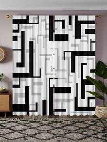 2 件抽象黑白几何方形数码印花窗帘，半透明窗帘，用于保护卧室和客厅的隐私 - 彩色 - 查看 1