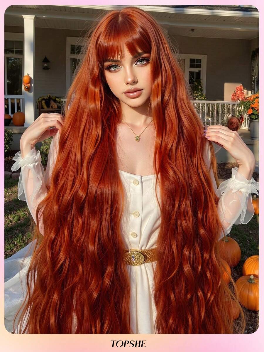 TOPSHE Halloween Orange extra lange lockige hitzebeständige synthetische Perücke mit Pony Perücken für Frauen 44 Inch, für Halloween Kostüm, Party, Cosplay, Anime