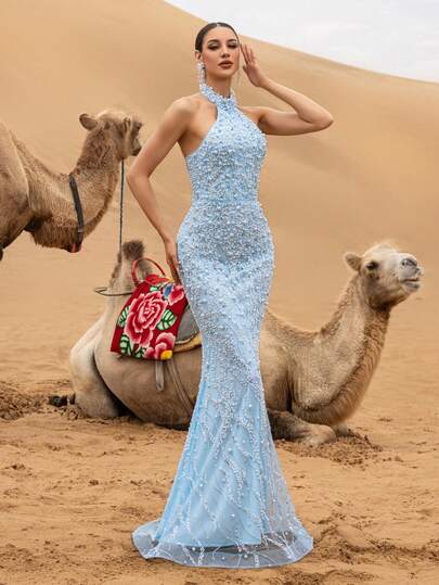 Faeriesty Elegant Halter Mermaid Evening Gown With Luxuriously Dense Beads – Fitted Bodice Highlighting Figure, Flared Mermaid Dress With Cascading Bead Effect For Weddings, Proms, Galas & Upscale Evening Gatherings For Women Party Formal Vacation Spring