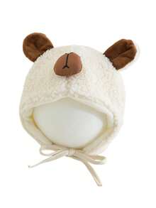 1 件装婴儿羊羔绒护耳帽，可爱熊图案保暖帽，适合男婴和女婴，幼儿秋冬日常穿着