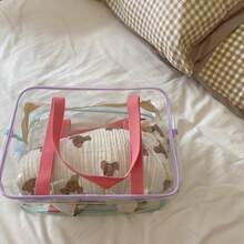 1pc Macaron Colored Makeup Bag, PVC Transparent Tote Bag, Large Capacity Waterproof Beach Bag, Colorful Building Block Game Storage Organizer Box For Children's Room