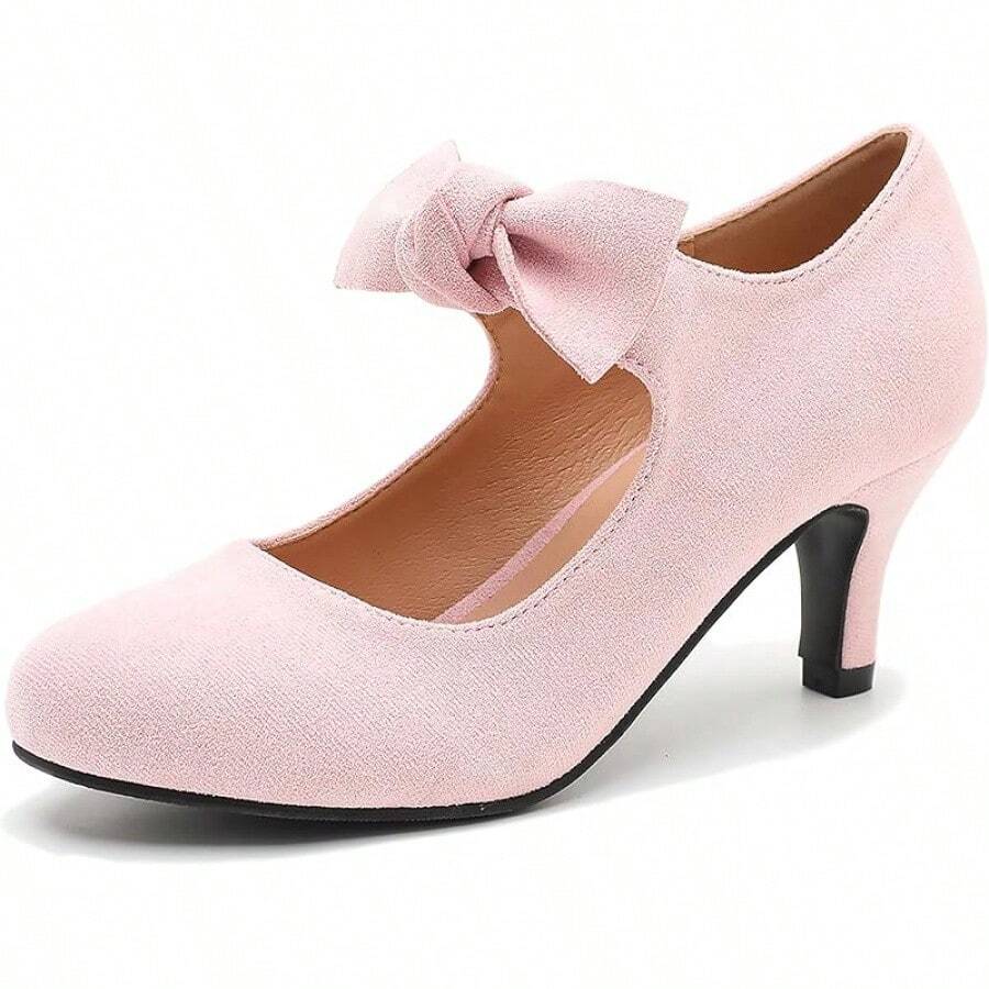 Women's Cute Bow Heels Mary Jane Kitten Heel Pumps Closed Round Toe Low Heels Ankle Strap Wedding Evening Party Dress Office Work Church Shoes-20256688 - 粉紅色絨面革 - 查看 1