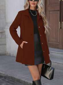 Palton negru de tweed pentru femei, cu talie subțire, buzunar, guler înalt, la un singur rând de nasturi, de lungime medie - culoare caramel - Vizualizare 3