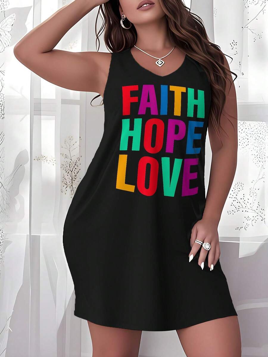 Plus Size Women's Sleep Dress - Comfy Nightgown With  Faith Hope Love Apparel Printing, Round Neck - Machine Washable, Casual Sleepwear - 黑色 - 查看 1