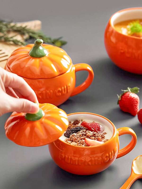1 Pc Pumpkin Shaped Ceramic Cup With Lid, 11.8/16.9/28.7oz Large Capacity Bowl, Breakfast Cereal Bowl, Vegetable Salad Bowl, Fruit Dessert Bowl, Milk Coffee Cup, Suitable For Home, Kitchen, Restaurant, Halloween, Creative Cute Tableware, Dishwasher, Oven, Microwave