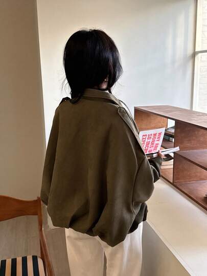 Áo khoác nữ Seelio Thu/Đông kiểu vintage mới, chất liệu giả da lộn, phong cách thường ngày, đa năng, màu xanh lá cây, thích hợp cho mùa xuân.