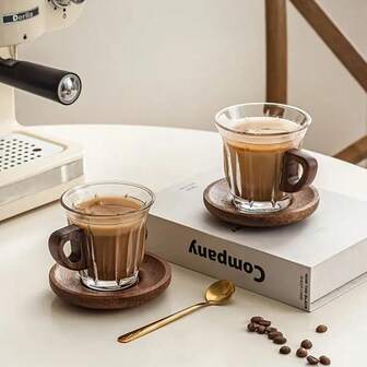 Glass Coffee Cup Set With Coasters, Milk Cup, Tea Cup, Latte Cup, With Handles, Easy To Grip, Suitable For Cafes, Home, And Restaurants