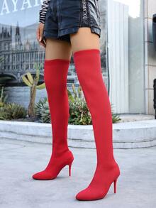 Women's Red High Heel Overknee Boots - Pointed Toe Knitted Stretch For Fall Winter, Warm & Slimming Fit, Perfect For Halloween Party, Prom & Daily Chic Outfits - Đỏ - Xem 2