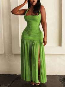 New Fashion Women's Halter Backless Ruched Patchwork Bodycon Dress - Green - View 4