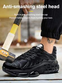 【建议选大一码】钢头安全鞋，男士工作运动鞋，旋转扣设计，方便穿脱，透气防砸，工作安全靴，防刺穿，防砸，EVA减震鞋底，男女通用轻便工作鞋，户外徒步防刺穿防砸鞋 - 黑色 - 查看 1